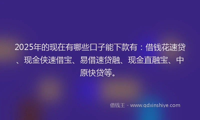 2025年的现在有哪些口子能下款有：借钱花速贷、现金侠速借宝、易借速贷融、现金直融宝、中原快贷等。