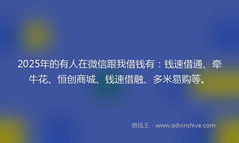 2025年的有人在微信跟我借钱有：钱速借通、牵牛花、恒创商城、钱速借融、多米易购等。