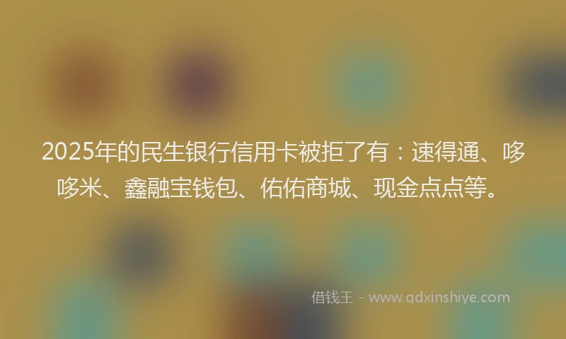 2025年的民生银行信用卡被拒了有：速得通、哆哆米、鑫融宝钱包、佑佑商城、现金点点等。