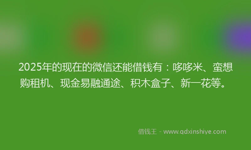 2025年的现在的微信还能借钱有：哆哆米、蛮想购租机、现金易融通途、积木盒子、新一花等。