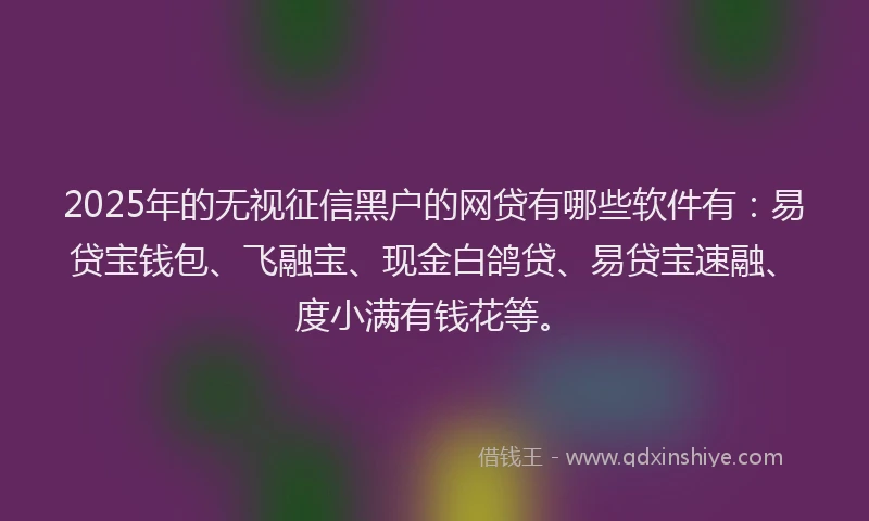 2025年的无视征信黑户的网贷有哪些软件有：易贷宝钱包、飞融宝、现金白鸽贷、易贷宝速融、度小满有钱花等。