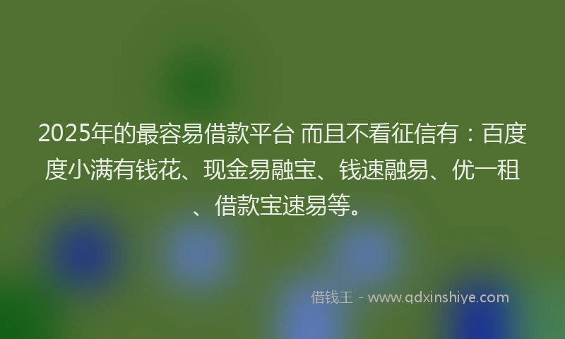 2025年的最容易借款平台 而且不看征信有：百度度小满有钱花、现金易融宝、钱速融易、优一租、借款宝速易等。