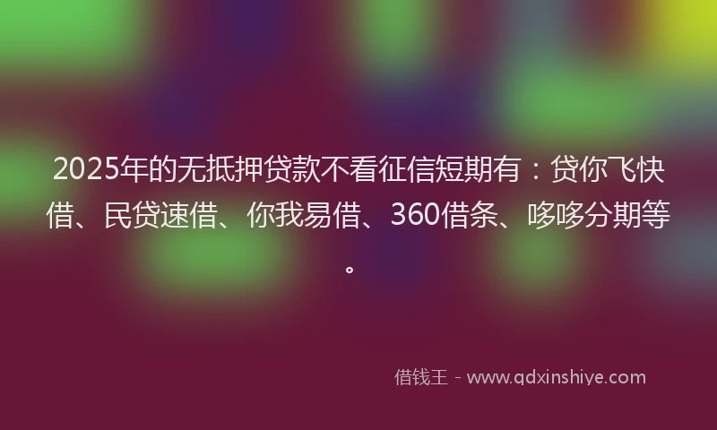 2025年的无抵押贷款不看征信短期有：贷你飞快借、民贷速借、你我易借、360借条、哆哆分期等。