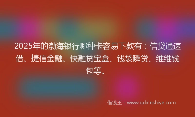 2025年的渤海银行哪种卡容易下款有：信贷通速借、捷信金融、快融贷宝盒、钱袋瞬贷、维维钱包等。