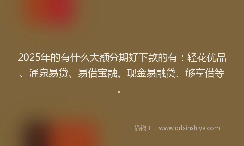 2025年的有什么大额分期好下款的有：轻花优品、涌泉易贷、易借宝融、现金易融贷、够享借等。