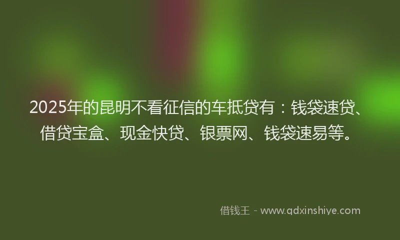 2025年的昆明不看征信的车抵贷有：钱袋速贷、借贷宝盒、现金快贷、银票网、钱袋速易等。