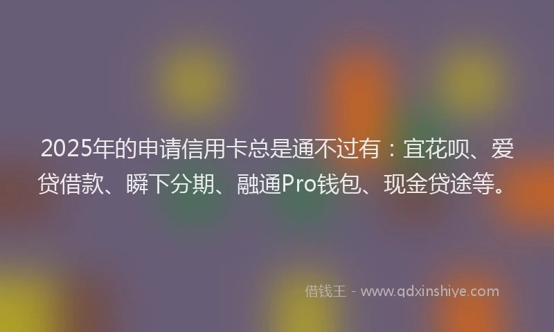 2025年的申请信用卡总是通不过有：宜花呗、爱贷借款、瞬下分期、融通Pro钱包、现金贷途等。