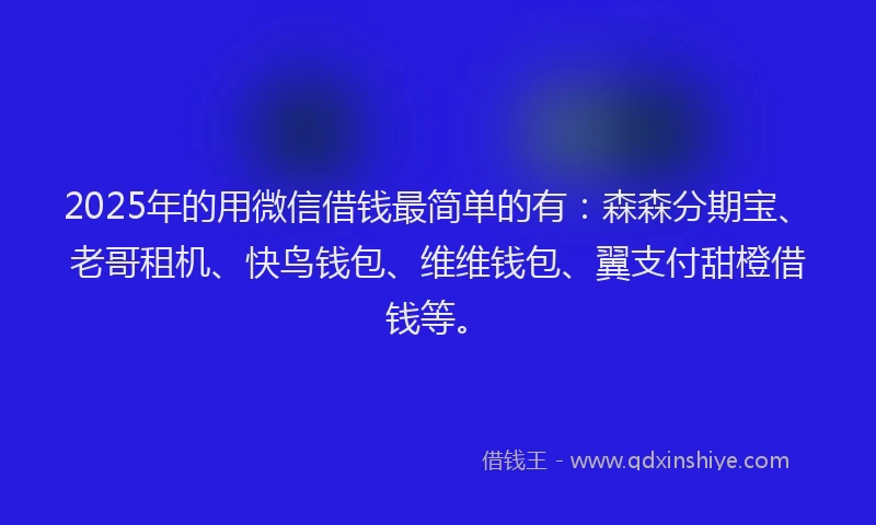 2025年的用微信借钱最简单的有：森森分期宝、老哥租机、快鸟钱包、维维钱包、翼支付甜橙借钱等。