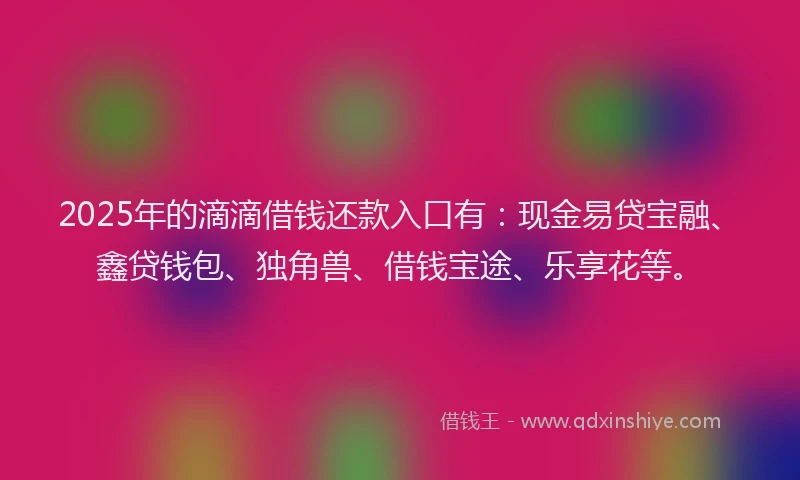 2025年的滴滴借钱还款入口有：现金易贷宝融、鑫贷钱包、独角兽、借钱宝途、乐享花等。
