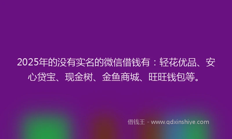 2025年的没有实名的微信借钱有：轻花优品、安心贷宝、现金树、金鱼商城、旺旺钱包等。