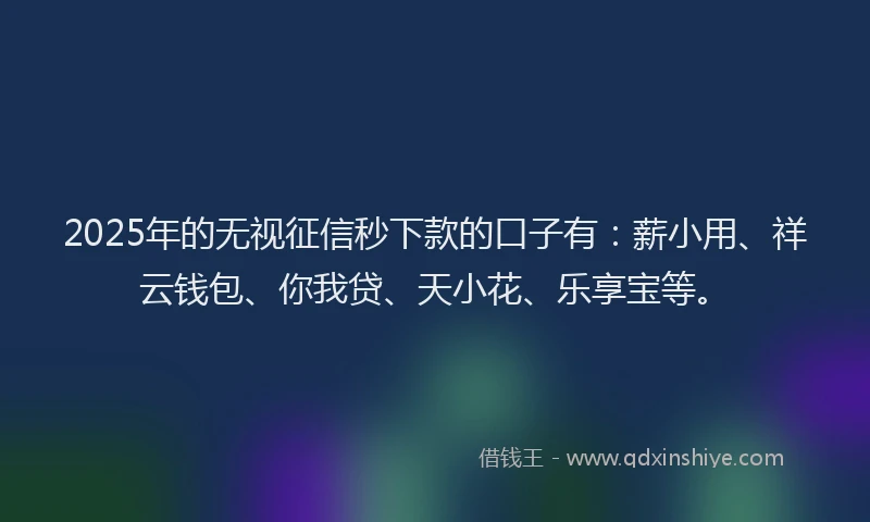 2025年的无视征信秒下款的口子有：薪小用、祥云钱包、你我贷、天小花、乐享宝等。