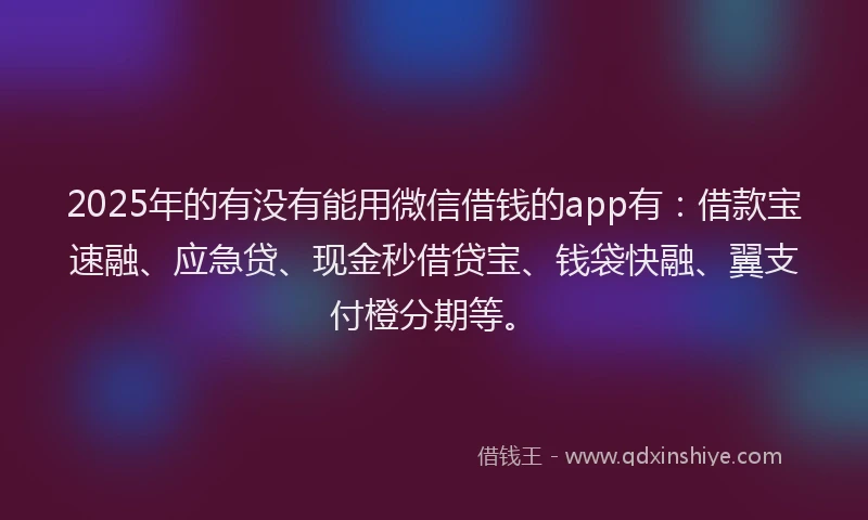 2025年的有没有能用微信借钱的app有：借款宝速融、应急贷、现金秒借贷宝、钱袋快融、翼支付橙分期等。