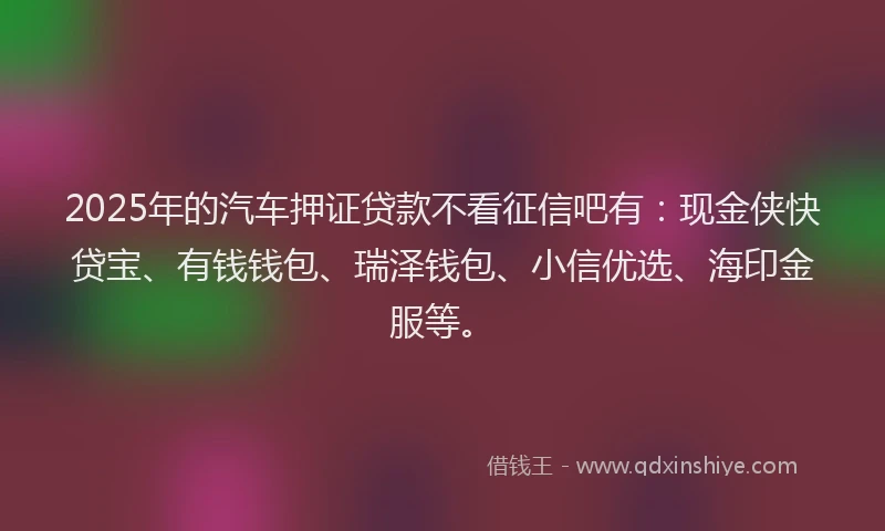 2025年的汽车押证贷款不看征信吧有：现金侠快贷宝、有钱钱包、瑞泽钱包、小信优选、海印金服等。