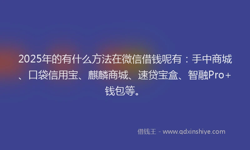 2025年的有什么方法在微信借钱呢有：手中商城、口袋信用宝、麒麟商城、速贷宝盒、智融Pro+钱包等。
