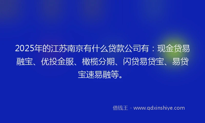 2025年的江苏南京有什么贷款公司有：现金贷易融宝、优投金服、橄榄分期、闪贷易贷宝、易贷宝速易融等。