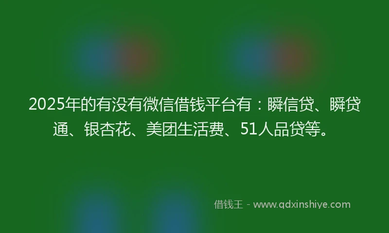 2025年的有没有微信借钱平台有：瞬信贷、瞬贷通、银杏花、美团生活费、51人品贷等。
