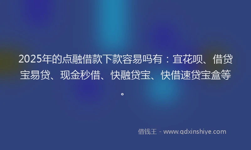 2025年的点融借款下款容易吗有：宜花呗、借贷宝易贷、现金秒借、快融贷宝、快借速贷宝盒等。