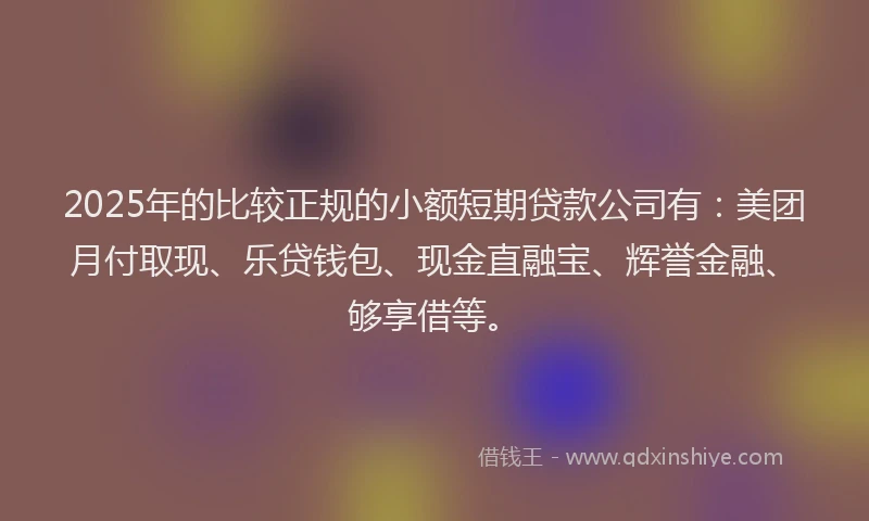 2025年的比较正规的小额短期贷款公司有：美团月付取现、乐贷钱包、现金直融宝、辉誉金融、够享借等。