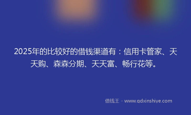 2025年的比较好的借钱渠道有：信用卡管家、天天购、森森分期、天天富、畅行花等。