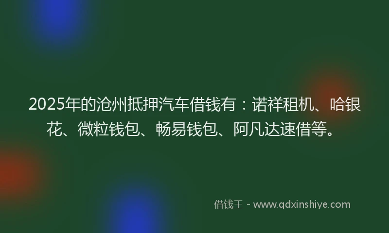 2025年的沧州抵押汽车借钱有：诺祥租机、哈银花、微粒钱包、畅易钱包、阿凡达速借等。