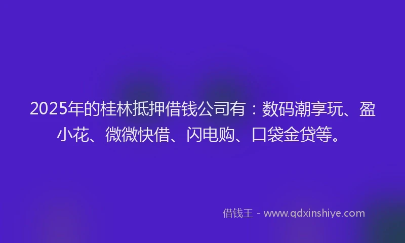 2025年的桂林抵押借钱公司有：数码潮享玩、盈小花、微微快借、闪电购、口袋金贷等。