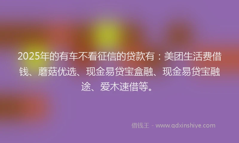 2025年的有车不看征信的贷款有：美团生活费借钱、蘑菇优选、现金易贷宝盒融、现金易贷宝融途、爱木速借等。