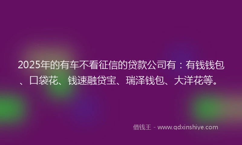 2025年的有车不看征信的贷款公司有：有钱钱包、口袋花、钱速融贷宝、瑞泽钱包、大洋花等。