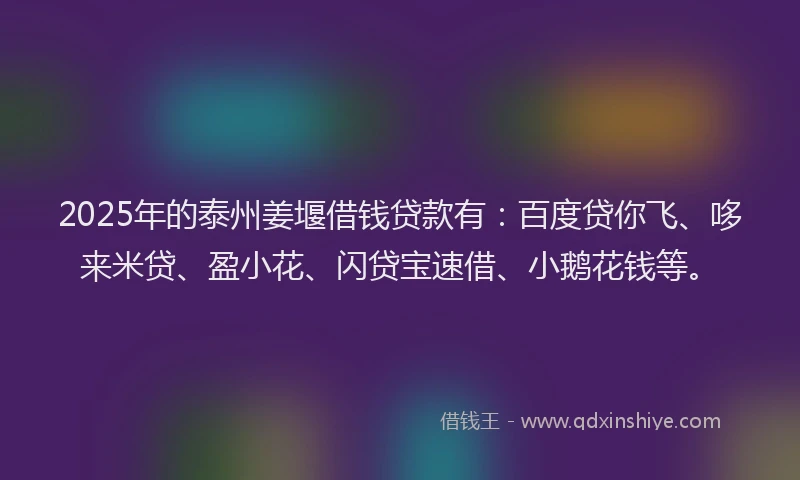 2025年的泰州姜堰借钱贷款有：百度贷你飞、哆来米贷、盈小花、闪贷宝速借、小鹅花钱等。