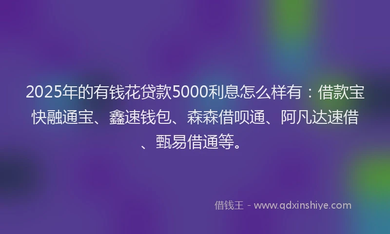 2025年的有钱花贷款5000利息怎么样有：借款宝快融通宝、鑫速钱包、森森借呗通、阿凡达速借、甄易借通等。