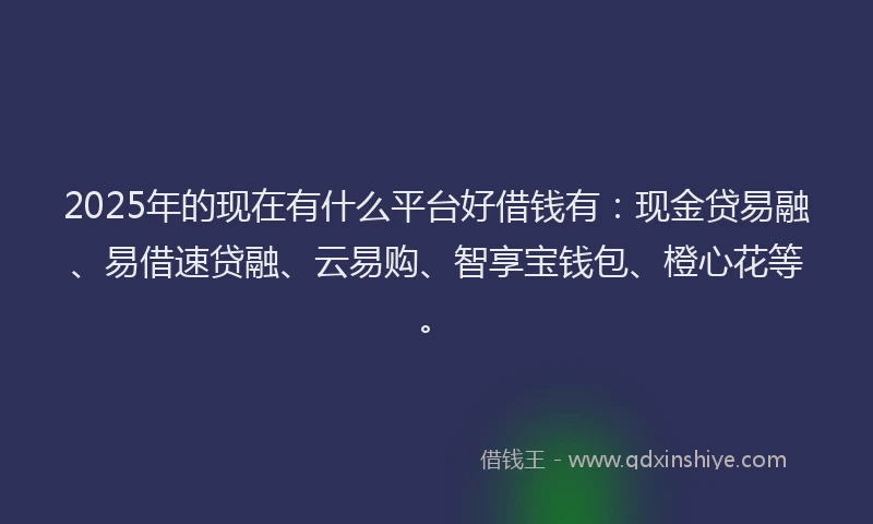 2025年的现在有什么平台好借钱有：现金贷易融、易借速贷融、云易购、智享宝钱包、橙心花等。