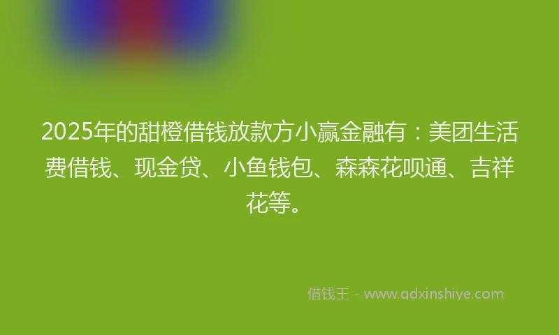 2025年的甜橙借钱放款方小赢金融有：美团生活费借钱、现金贷、小鱼钱包、森森花呗通、吉祥花等。