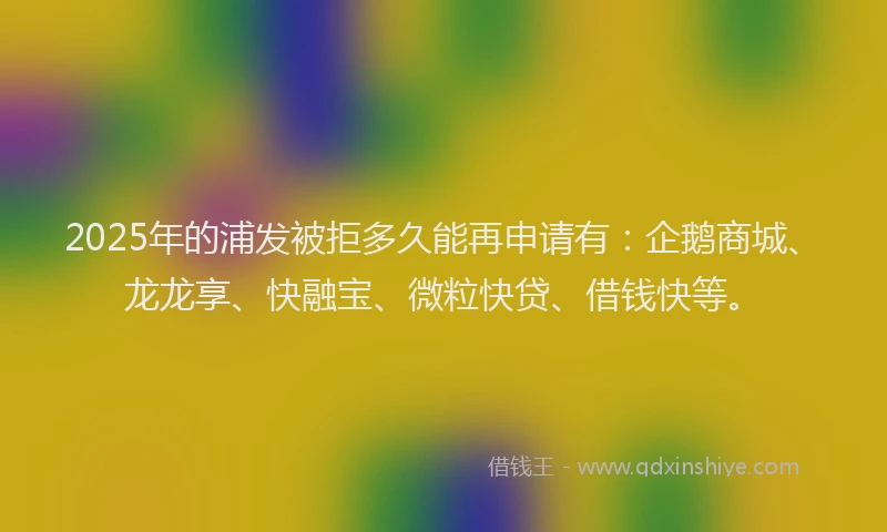 2025年的浦发被拒多久能再申请有：企鹅商城、龙龙享、快融宝、微粒快贷、借钱快等。