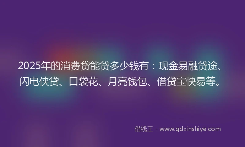 2025年的消费贷能贷多少钱有：现金易融贷途、闪电侠贷、口袋花、月亮钱包、借贷宝快易等。