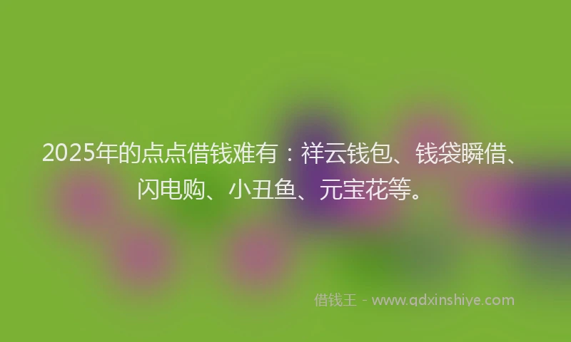 2025年的点点借钱难有：祥云钱包、钱袋瞬借、闪电购、小丑鱼、元宝花等。