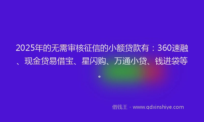 2025年的无需审核征信的小额贷款有：360速融、现金贷易借宝、星闪购、万通小贷、钱进袋等。