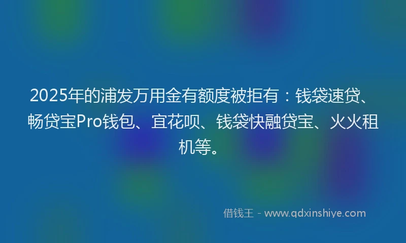 2025年的浦发万用金有额度被拒有：钱袋速贷、畅贷宝Pro钱包、宜花呗、钱袋快融贷宝、火火租机等。