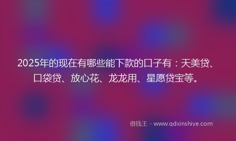 2025年的现在有哪些能下款的口子有：天美贷、口袋贷、放心花、龙龙用、星愿贷宝等。