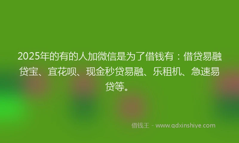 2025年的有的人加微信是为了借钱有：借贷易融贷宝、宜花呗、现金秒贷易融、乐租机、急速易贷等。