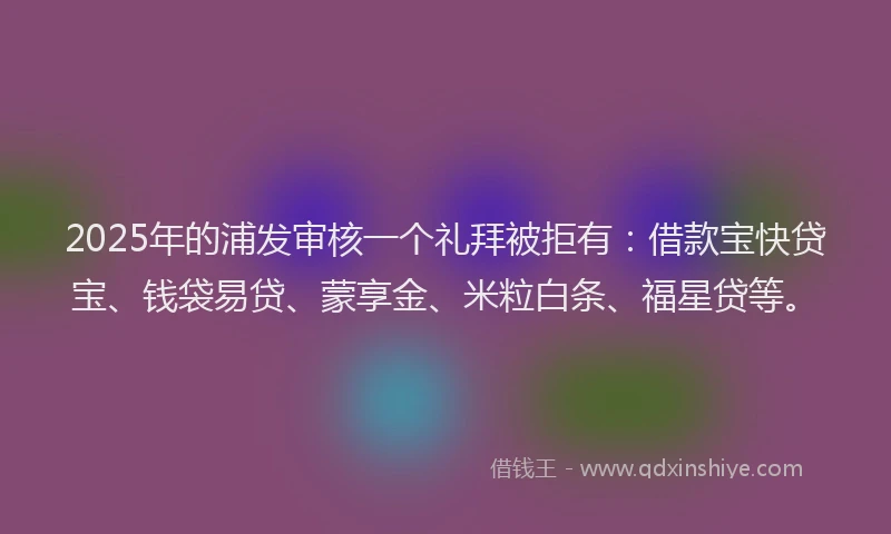 2025年的浦发审核一个礼拜被拒有：借款宝快贷宝、钱袋易贷、蒙享金、米粒白条、福星贷等。