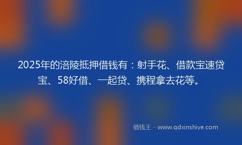 2025年的涪陵抵押借钱有：射手花、借款宝速贷宝、58好借、一起贷、携程拿去花等。