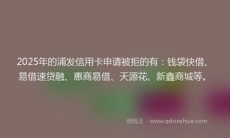2025年的浦发信用卡申请被拒的有：钱袋快借、易借速贷融、惠商易借、天源花、新鑫商城等。