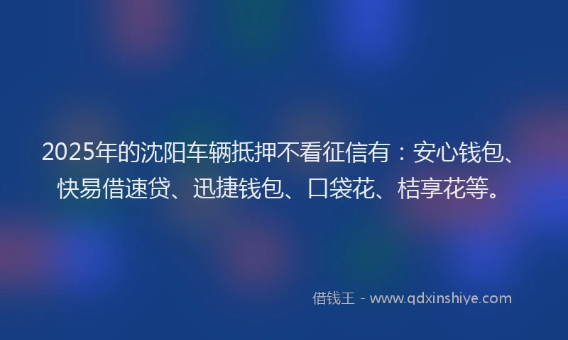 2025年的沈阳车辆抵押不看征信有：安心钱包、快易借速贷、迅捷钱包、口袋花、桔享花等。