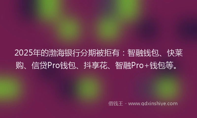 2025年的渤海银行分期被拒有：智融钱包、快莱购、信贷Pro钱包、抖享花、智融Pro+钱包等。