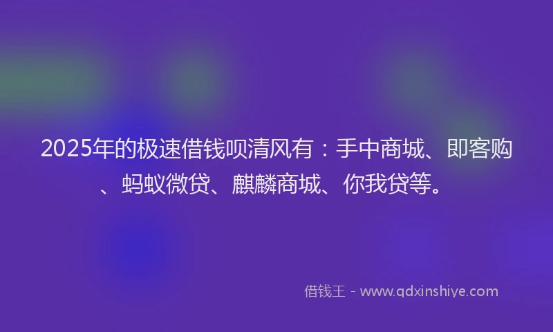 2025年的极速借钱呗清风有：手中商城、即客购、蚂蚁微贷、麒麟商城、你我贷等。
