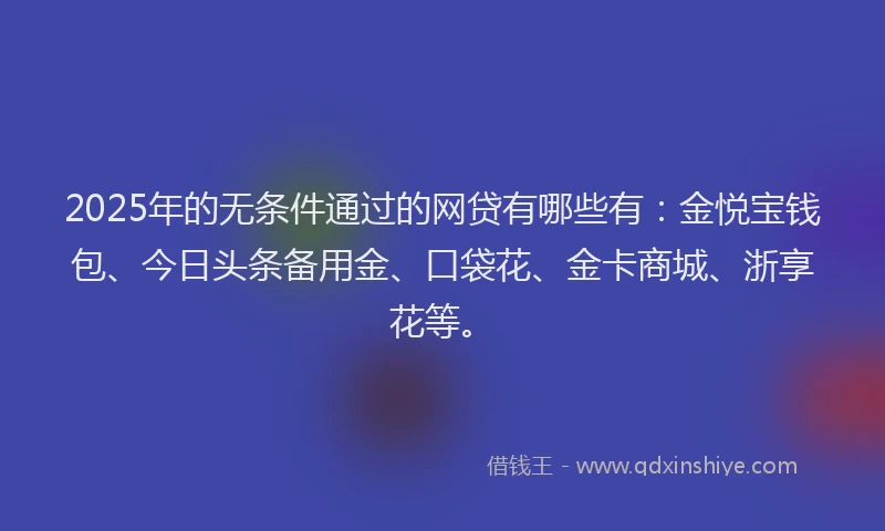 2025年的无条件通过的网贷有哪些有：金悦宝钱包、今日头条备用金、口袋花、金卡商城、浙享花等。