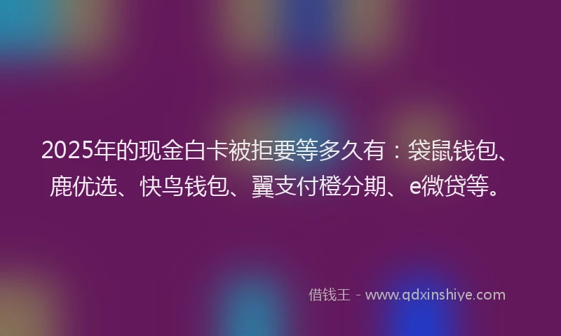 2025年的现金白卡被拒要等多久有：袋鼠钱包、鹿优选、快鸟钱包、翼支付橙分期、e微贷等。