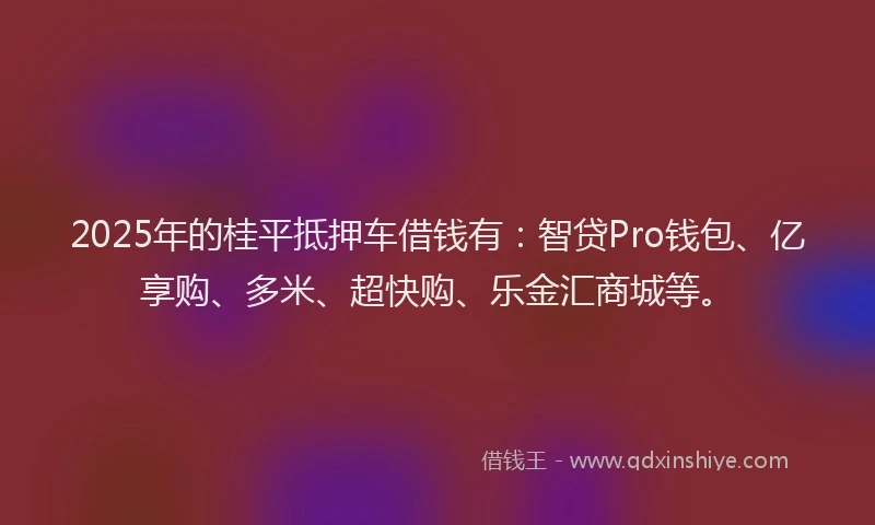 2025年的桂平抵押车借钱有：智贷Pro钱包、亿享购、多米、超快购、乐金汇商城等。
