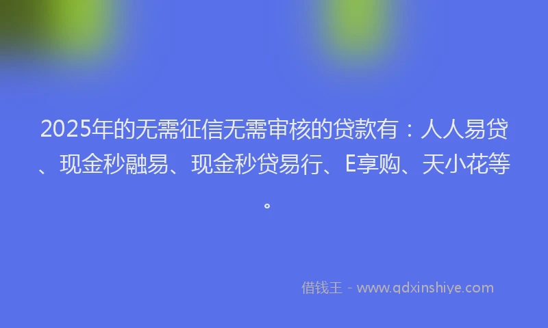2025年的无需征信无需审核的贷款有：人人易贷、现金秒融易、现金秒贷易行、E享购、天小花等。