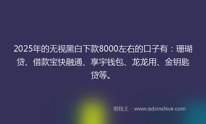 2025年的无视黑白下款8000左右的口子有：珊瑚贷、借款宝快融通、享宇钱包、龙龙用、金钥匙贷等。