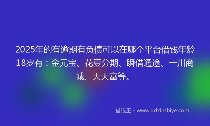 2025年的有逾期有负债可以在哪个平台借钱年龄18岁有：金元宝、花豆分期、瞬借通途、一川商城、天天富等。